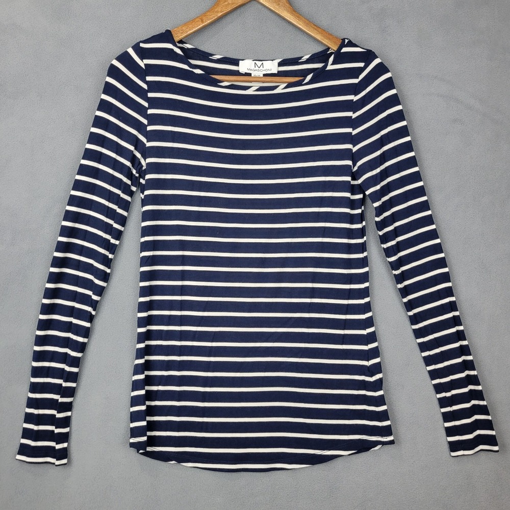 Magaschoni Top Women's XS Navy‎ White Striped Modal Stretch Long Sleeve Academia